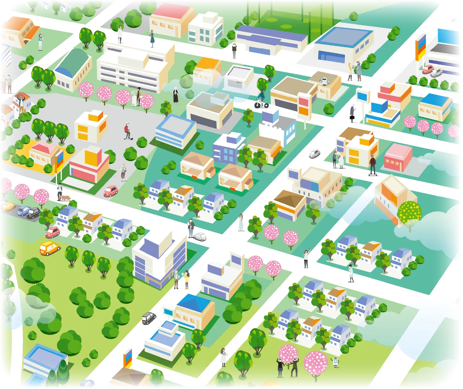 街並みに住宅や商業施設、公園が描かれたカラフルなイラスト